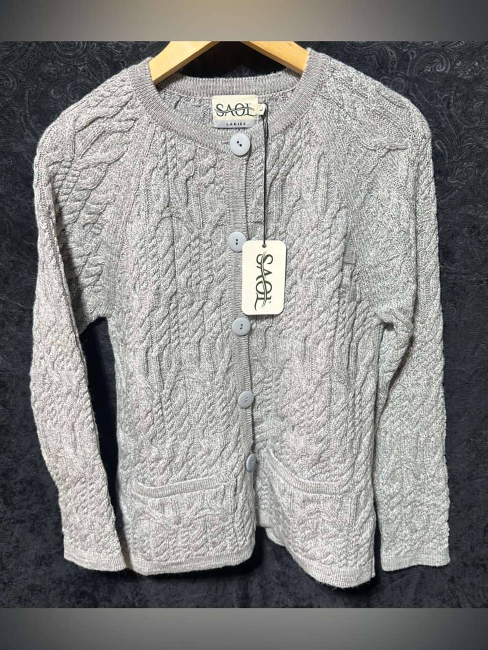 NWT Ladies SAOL L Gray Irish Cable Knit Button-Front Women's Sweater